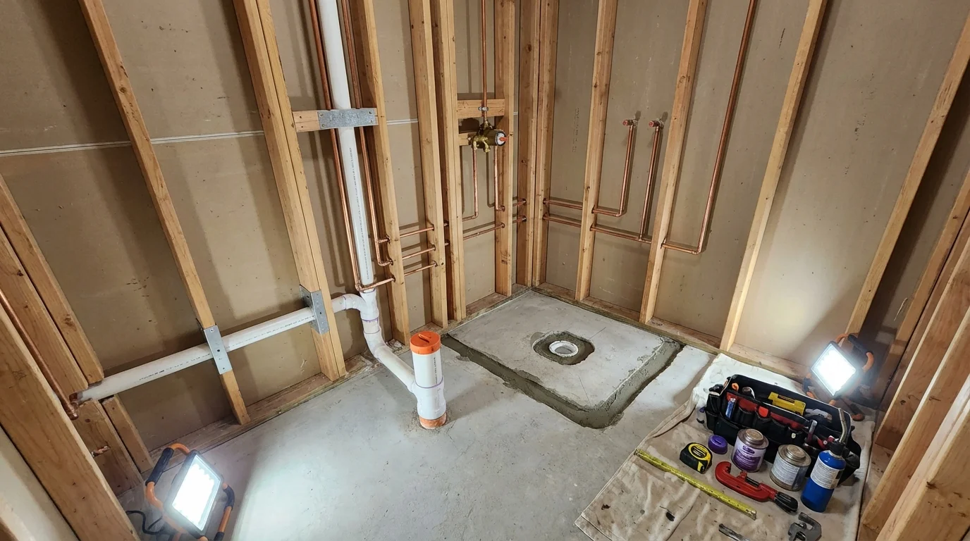 Bathroom rough-in plumbing during remodel by Johns Plumbing LLC in New Prague