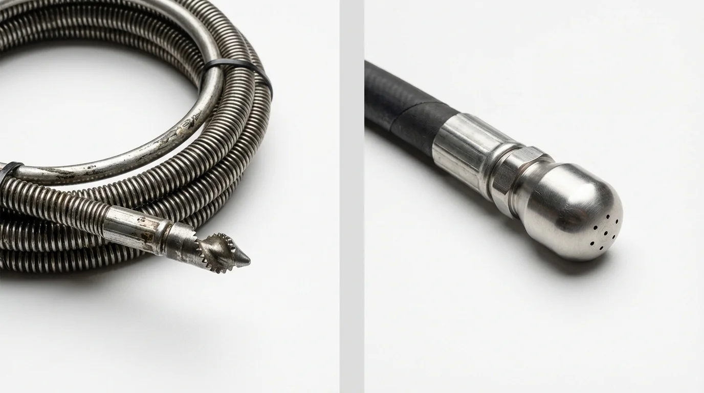 Drain snake cable and hydro jetting nozzle used for drain cleaning in New Prague, MN