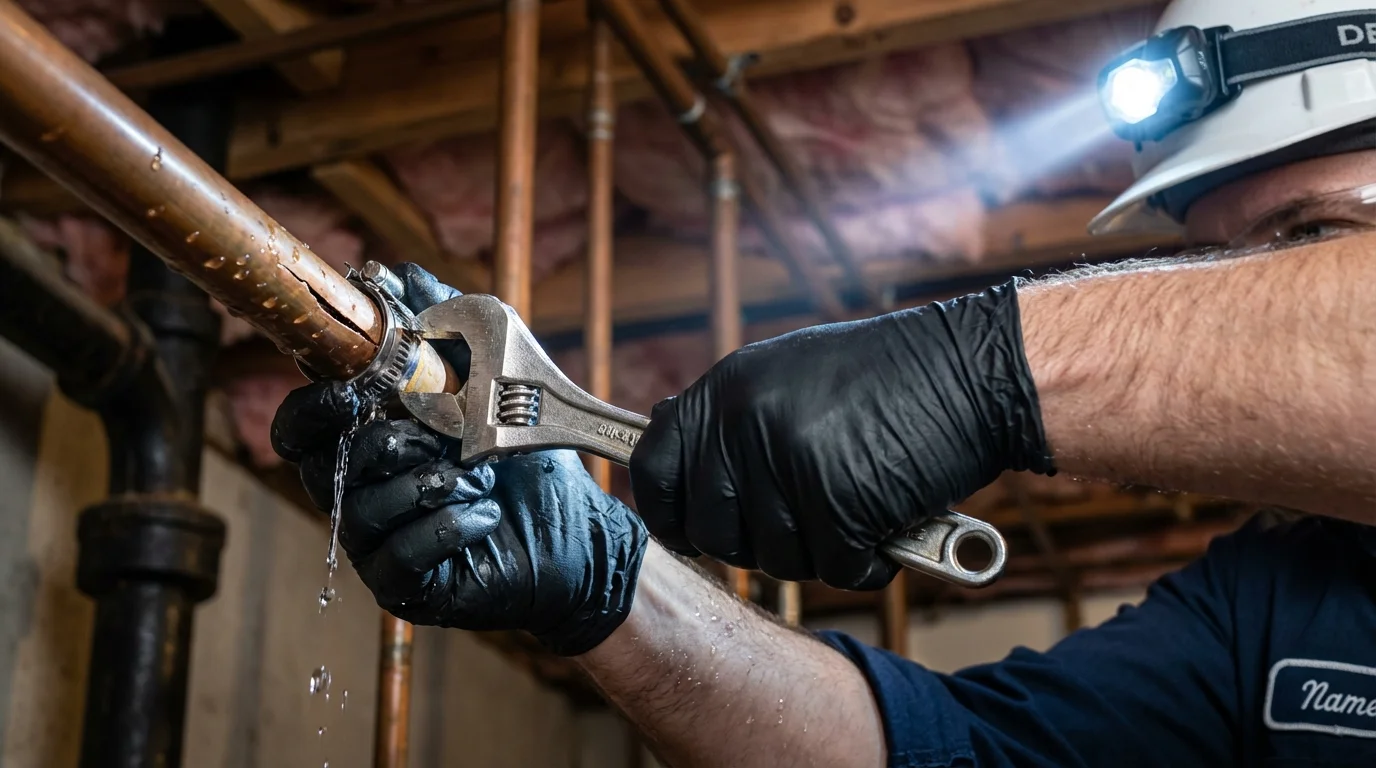 Emergency pipe clamp repair being performed by a Johns Plumbing LLC plumber in New Prague