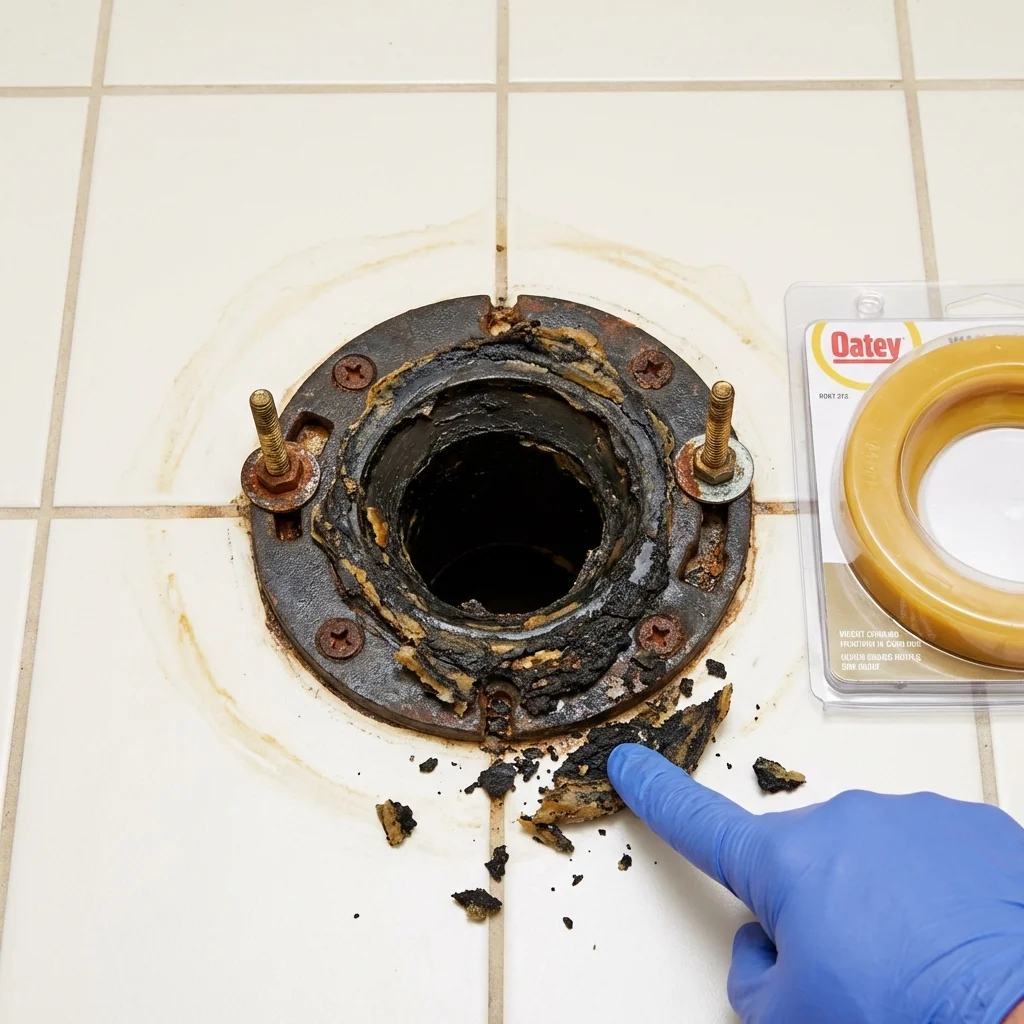 Failed wax ring showing water seepage at the base of a toilet in a New Prague, MN home