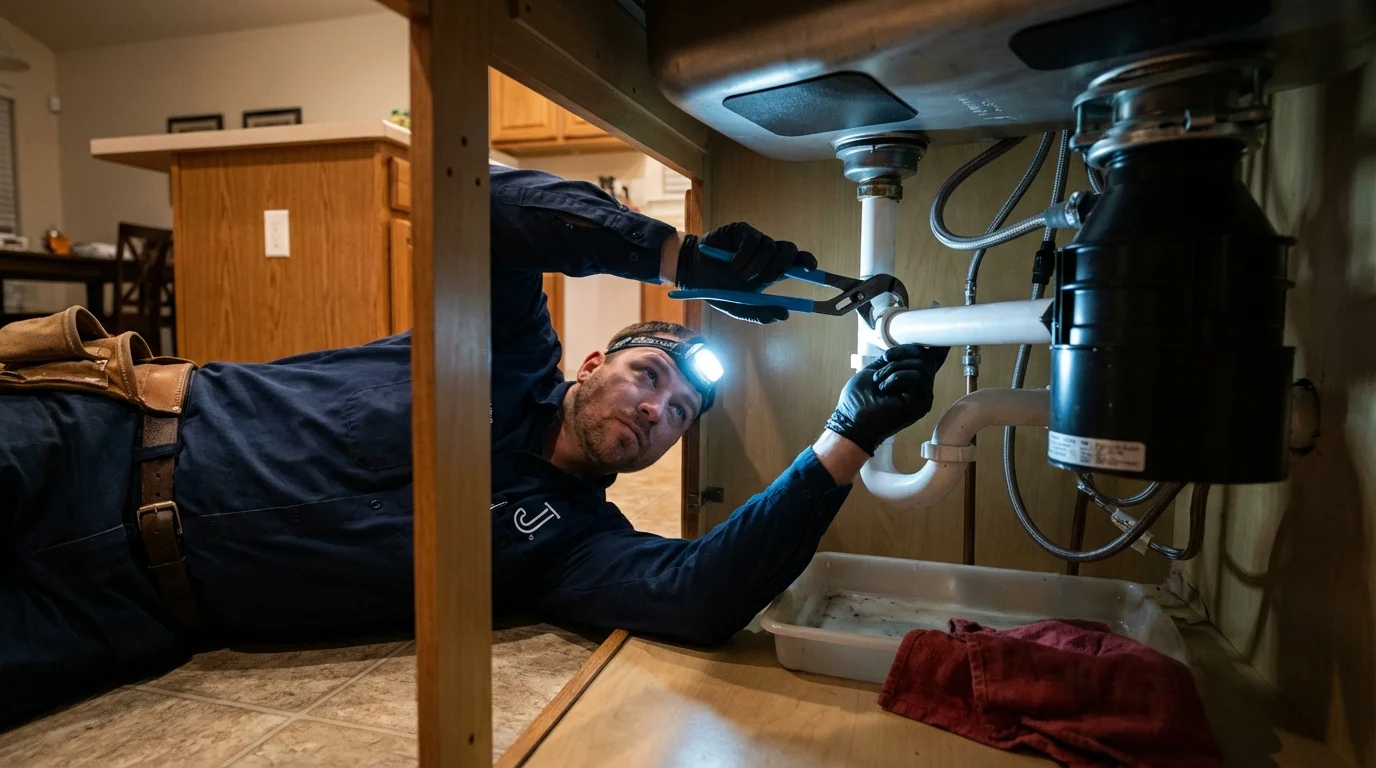 P-trap and supply line connections under a kitchen sink showing a common leak point in New Prague, MN
